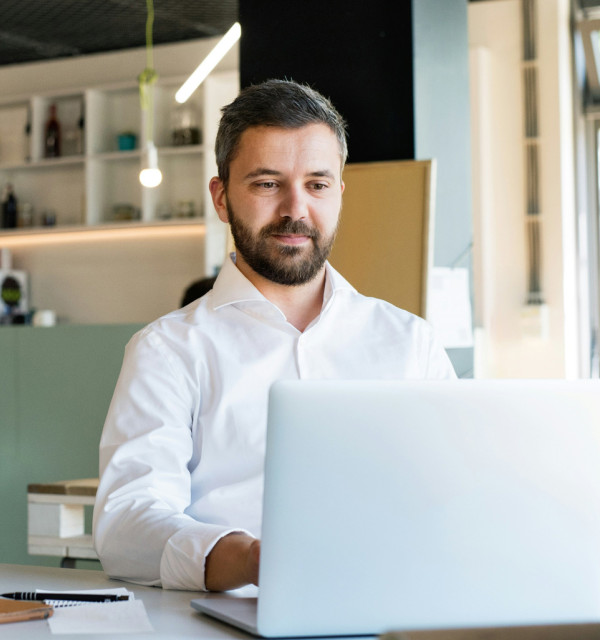 Businessman using a payslip portal on his laptop